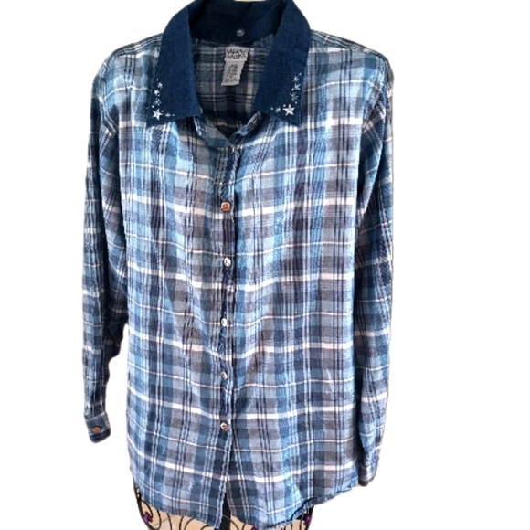 Vintage Button Up Cotton Shirt Embroidered Detachable Collar Shimmer Stripes XL - Picture 1 of 17